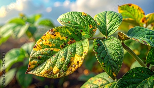Close-up view of spotted leaves on plant, revealing signs of disease under a bright, sunny sky in field