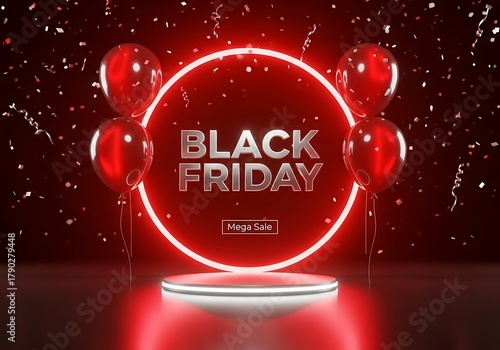 Black friday mega sale with neon circle and balloons