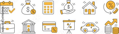 Doodle symbol set for loan interest rates.  A hand-drawn, doodle-style bank money loan interest rate icon for a house or automobile discount %.  trendy, adorable component.  Vector illustration