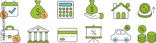 A doodle symbol set for loan interest rates.  The bank money loan interest rate icon for a house and a car discount percentage is a hand-drawn, doodle line style.  charming and trendy element.