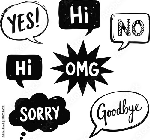 Speech bubble set with common hand drawn words