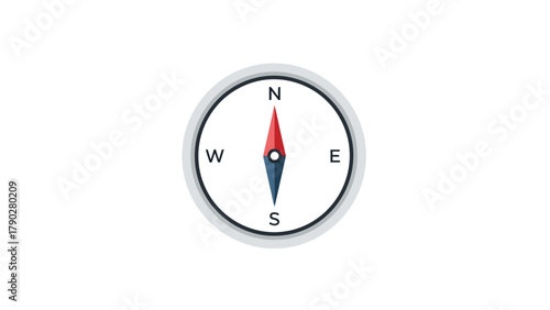 A compass with a red and blue needle points north on a white background