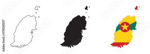 Grenada map vector with editable country outline, black silhouette and national flag featuring red yellow green with stars and nutmeg symbol for geography, education, travel, and Caribbean island