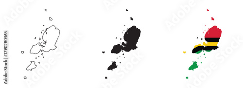 Vanuatu map vector with editable country outline, black silhouette and national flag featuring red green black yellow Y design for geography, travel, education, and Pacific Ocean island