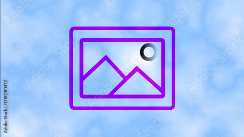 Purple image gallery icon on soft blue cloudy background for media