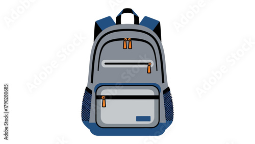 A gray backpack with blue straps and orange zippers against a white background
