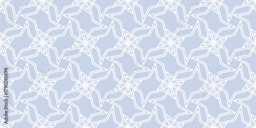 Vector seamless pattern with quirky outline star shapes, curved lines. Abstract linear background with lattice grid. Light blue and white texture. Stylish modern repeating design for textile, decor