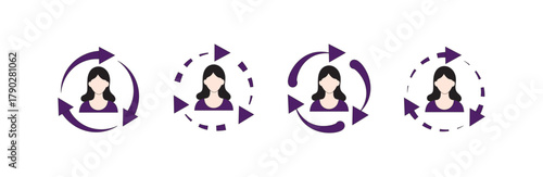 Female User Profile Refresh Cycle Icons: Purple Arrows, Update, Reload, Continuous Rotation Set