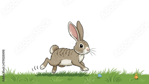 A rabbit runs through green grass with small flowers