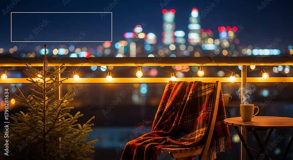 Obraz premium Balcony at Night with Christmas Tree Chair and City Lights View skyline