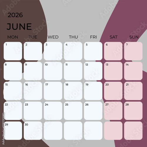 Modern June 2026 Calendar Template with Abstract Purple and Brown Design
