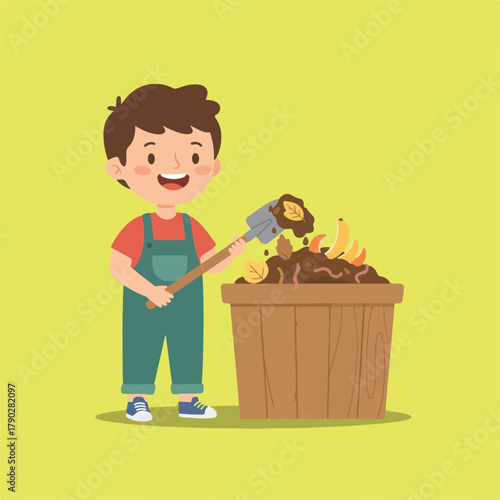 A young boy in green overalls smiles as he mixes a compost bin full of worms, banana peels, and leaves with a small shovel on a sunny day.
