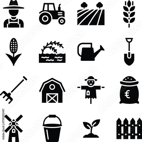 A collection of black and white icons representing various aspects of farming and agriculture, including tools, crops, structures, and people.