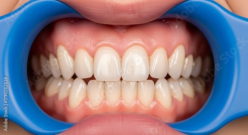 Close-up of patient teeth during dental examination showing cheek retractor and healthy gums