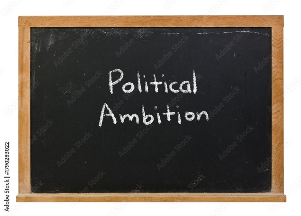 Fototapeta premium Political ambition written in white chalk on a black chalkboard isolated on a wooden frame