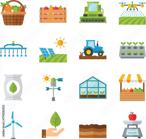 Flat design icons illustrating modern agriculture, farming, food production, and sustainable technology practices.