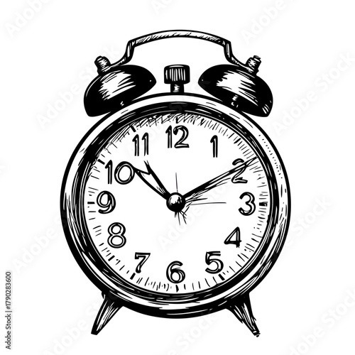 Hand drawn vintage alarm clock black ink sketch illustration showing time at ten past two with twin bell design and classic round face style for retro decor