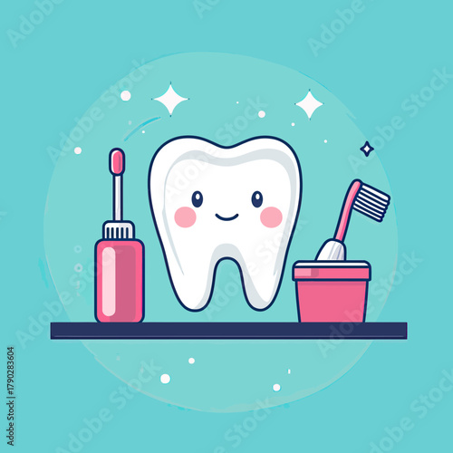 Smiling white tooth with sparkling clean effect next to toothbrush toothpaste and mouthwash in flat minimalist style dental hygiene concept vector illustration on blue background