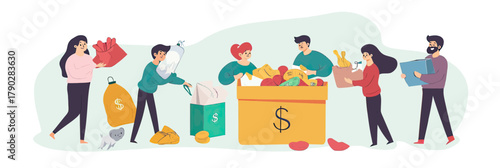 Volunteers collecting food clothes and money donations for charity foundation teamwork helping community in flat minimalist vector style