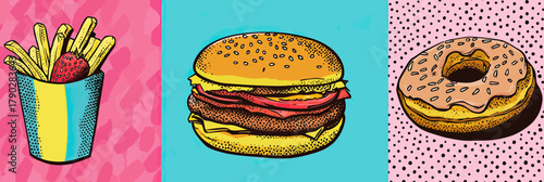 Retro pop art style fast food set featuring french fries with ketchup, cheeseburger with sesame bun, and chocolate glazed donut with bright halftone backgrounds