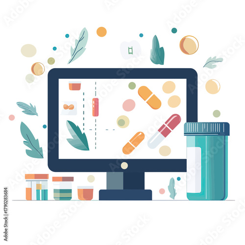 Online pharmacy concept with computer monitor displaying pills capsules medicine bottles flat vector illustration
