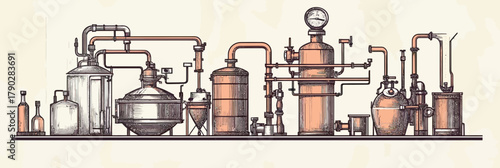 Vintage ethanol alcohol distillation apparatus with copper pipes tubes gauge bottles minimalist vector sketch technical schematic illustration for industrial production process