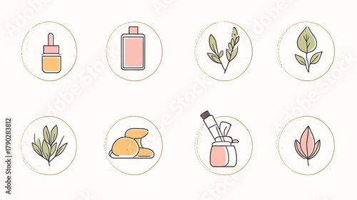 Minimalist flat line icons set of natural cosmetic elements including dropper bottle, lotion, leaves, herbal branches, stones, makeup brush and flower illustration