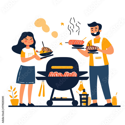 Happy man and woman grilling sausages and meat on charcoal barbecue grill with condiments and drink in flat vector style