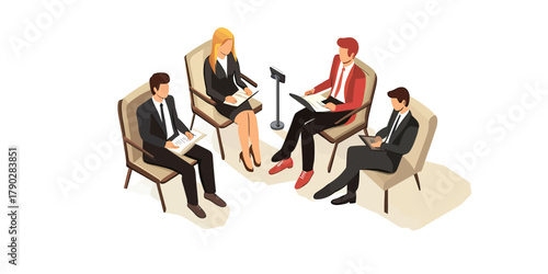 Isometric business team meeting with diverse professionals in formal attire discussing documents and using laptop in modern office setting flat vector illustration