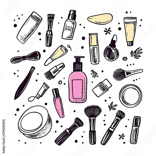 Hand drawn vector illustration of makeup beauty cosmetic products and tools set with brushes, bottles, tubes, jars in doodle sketch style for salon and store design