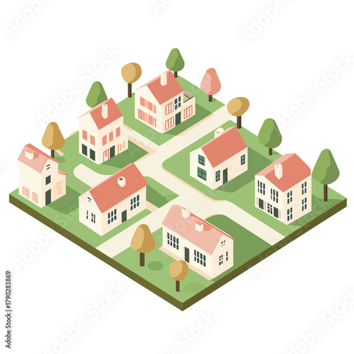 Isometric suburban neighborhood vector illustration with detached houses, green lawns, roads, and colorful trees in flat minimalist style