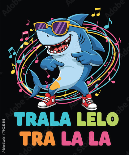 Happy cartoon shark singing and dancing with colorful lights