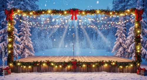 Winter wonderland stage with microphone lights and snowcovered trees scene