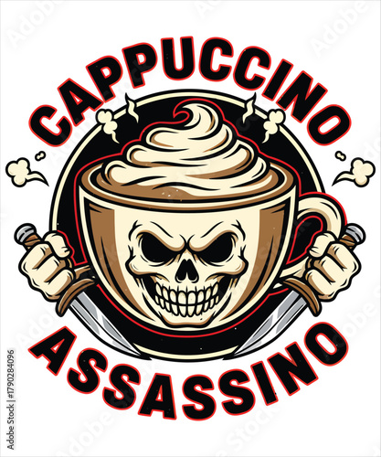 Cappuccino assassin skull coffee cup logo design