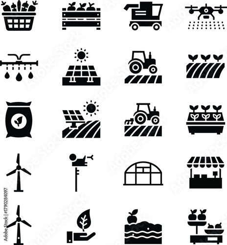 A collection of black and white icons representing various aspects of agriculture, farming, renewable energy, and modern farm technology.