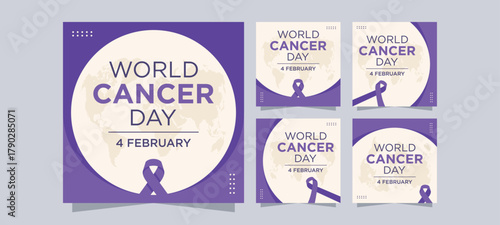 World Cancer Day social media post templates featuring a purple ribbon and a world map background for awareness campaigns and online promotion