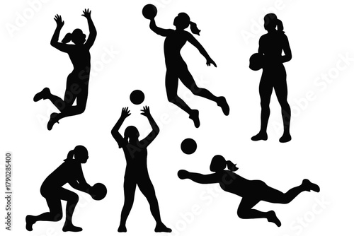 Dynamic volleyball players in action, showcasing teamwork and athleticism in silhouette form for sports designs