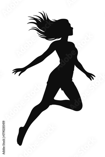 Dynamic silhouette of a woman leaping with outstretched arms, embodying freedom and empowerment, a powerful feminine form