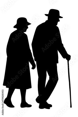Loving elderly couple walking in silhouette, symbolizing companionship and enduring love through the golden years together