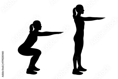 Dynamic fitness routine featuring squat exercises in silhouette, ideal for health and wellness promotions, workout guides, and active lifestyle content