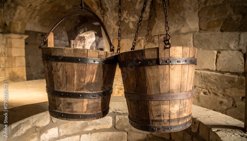 Two wooden buckets, suspended by chains, hang in a dimly lit stone cellar. A well-like structure can be seen at the bottom