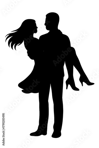 Romantic silhouette of a man carrying a woman, symbolizing love, celebration, and special moments of joy and happiness