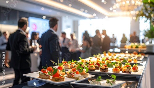 Blurred scene of people mingling with appetizers at a bright, fancy gathering