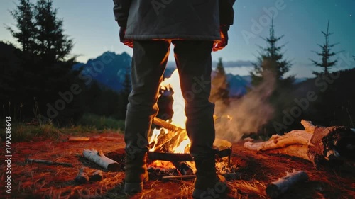 A handheld camera captures a person standing near a burning campfire at night. The fire casts flickering orange light over their face. Cinematic live-action, high contrast warm tone, gritty film look.