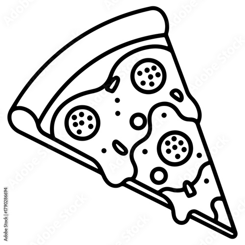 A slice of pepperoni pizza in a simple black and white outline style. A minimalist fast food icon, perfect for menus, restaurants, or food delivery themes.