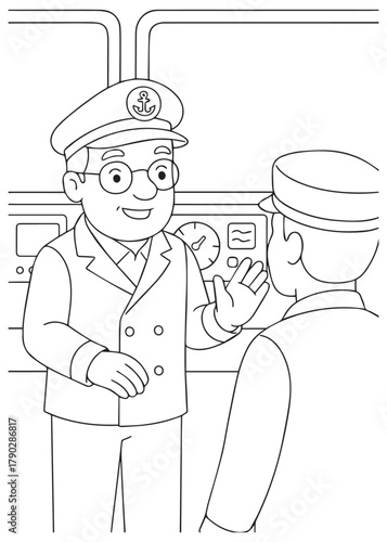 coloring book ship captain briefing crew on inside cabin ship