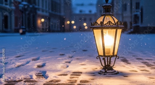 Illuminated street lamp glows warmly in a snowy winter scene at night time