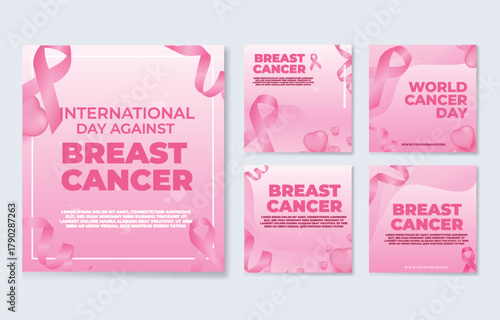 Set of pink ribbon design templates for social media promoting breast cancer awareness vector illustration