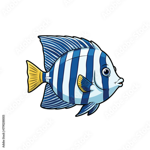 Colorful tropical fish illustration, possibly a Sailfin Tang fish with bright blue and white stripes and yellow fins. Isolated marine life vector