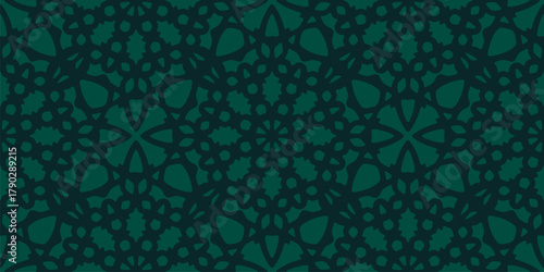 Vector seamless pattern with islamic geometric ornament. Elegant arabesque texture with stars, traditional motifs, interlocking shapes. Dark repeated background design for textile, wallpaper, decor